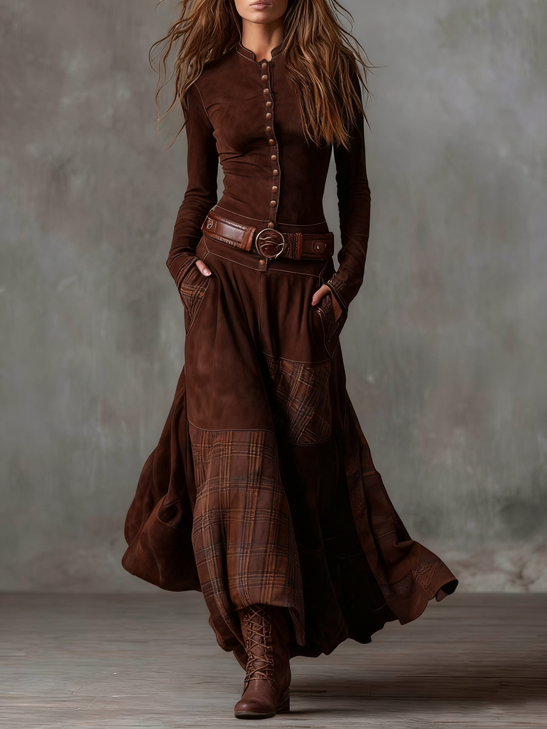 Yelena | VINTAGE LONG SUEDE CHECKERED DRESS