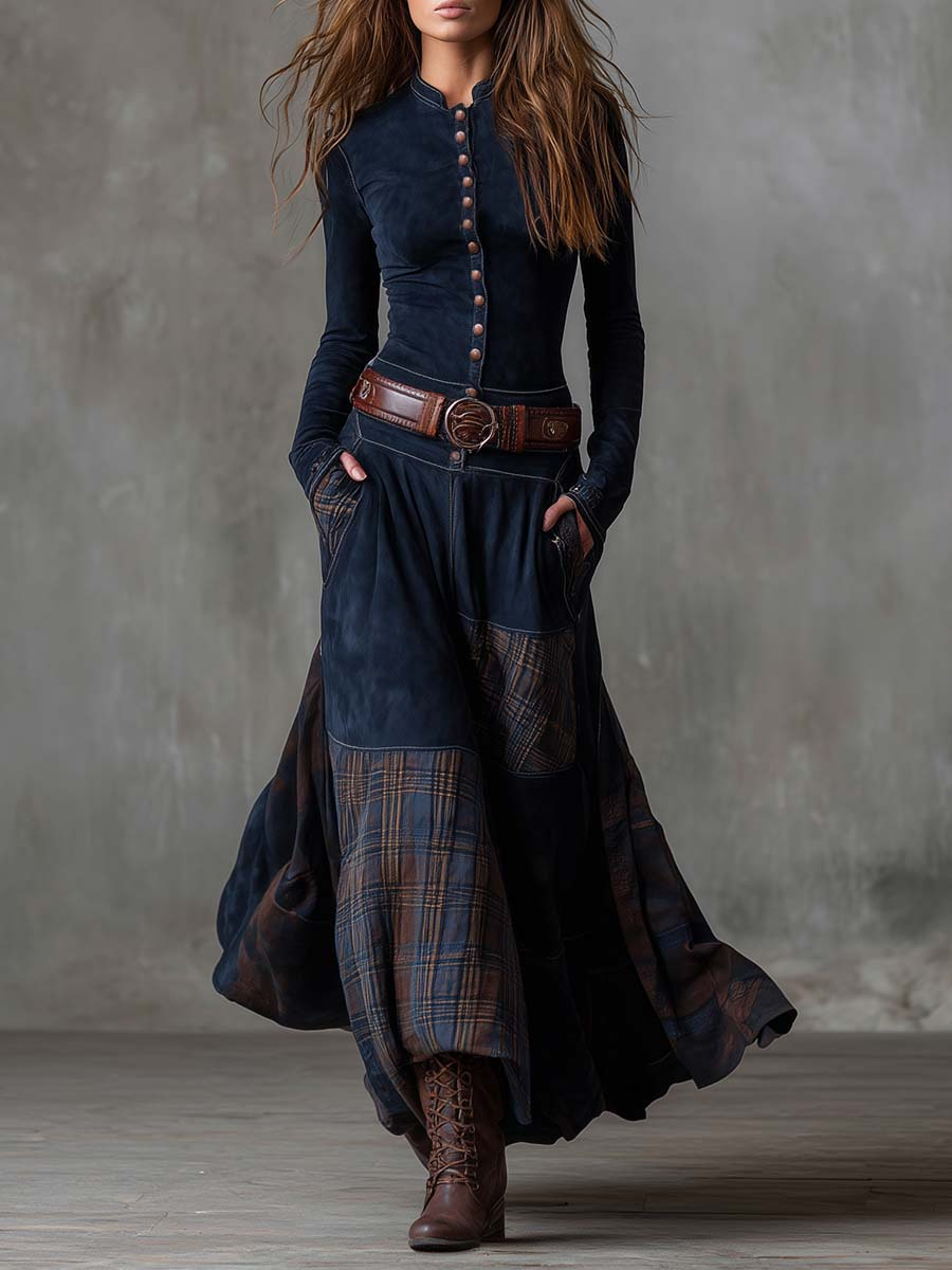 Yelena | VINTAGE LONG SUEDE CHECKERED DRESS
