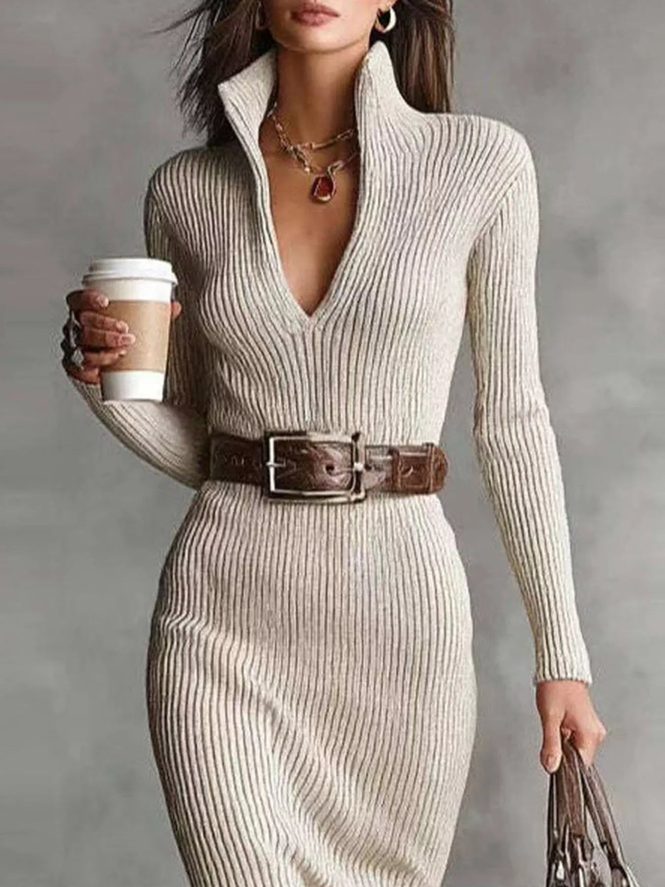 Isabella | Elegant Ribbed Knit Turtleneck Midi Sweater Dress